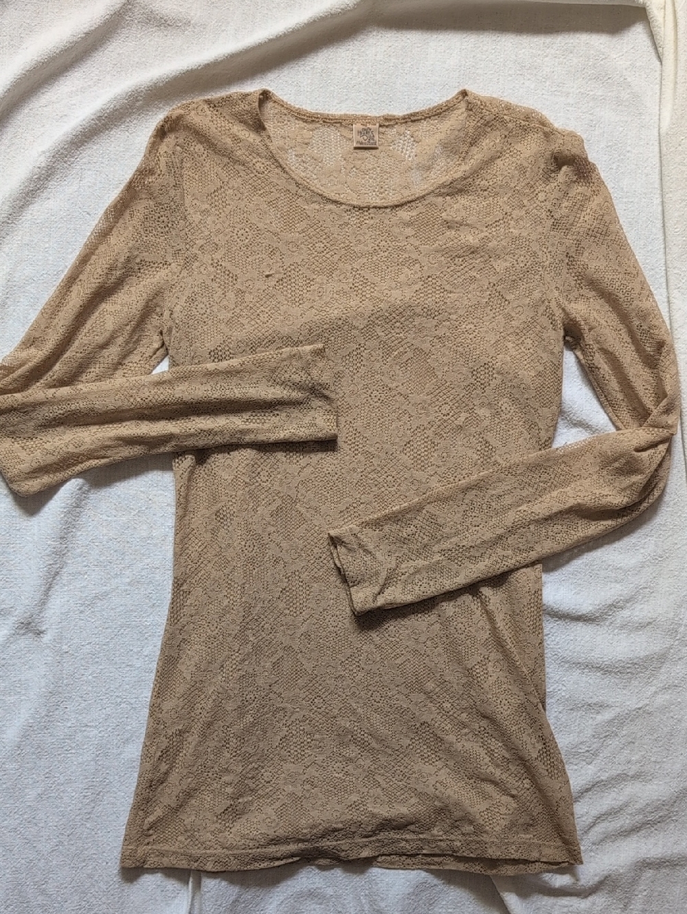 Only Hearts Sheer Lace Long Sleeve Scoop Neck Top - Tan